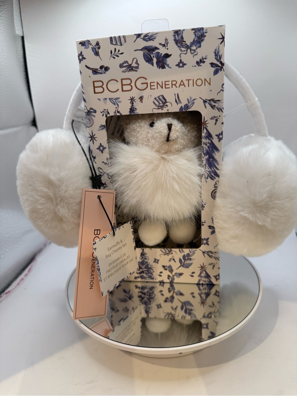 BCBG White Faux Fur Ear Muffs with Pom Pom Bear Charm